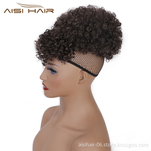 Aisi Hair Hot Selling Afro Puff Short Kinky Curly Drawstring Ponytail Bun With Bangs Synthetic Ponytail Updo Hair Extensions